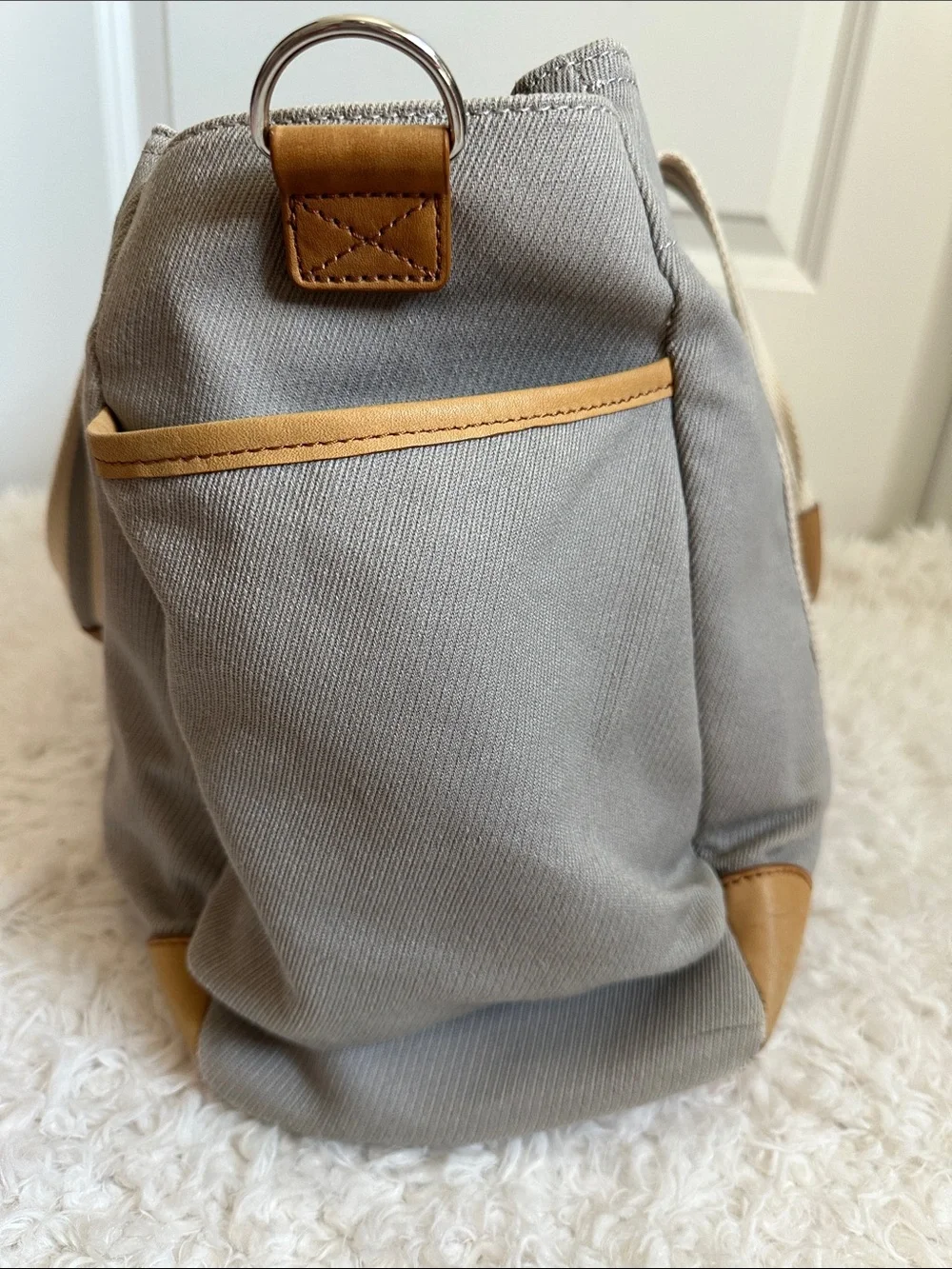 Pottery Barn Kids Monogram Canvas Diaper Bag in Gray with Striped Handles